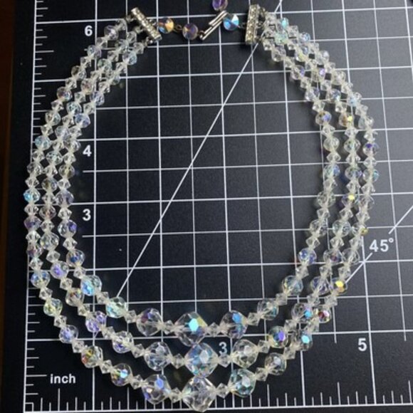 Vtg Wedding Necklace MCM 1950-60's Beaded AB Crystal 3 Strand 14-16.5” Layered - Picture 9 of 9